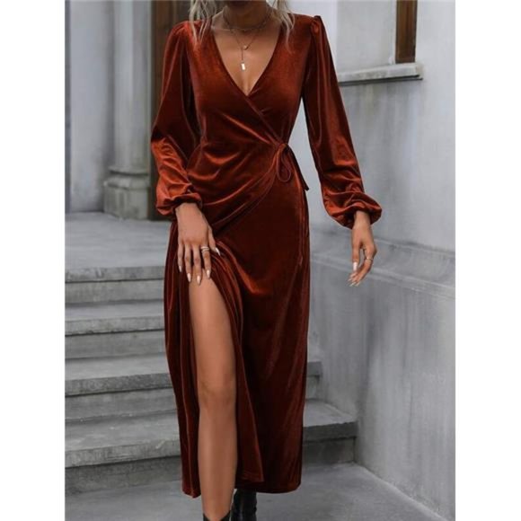 Surplice Neck Knot Side Wrap Hem Velvet Dress - Picture 1 of 6